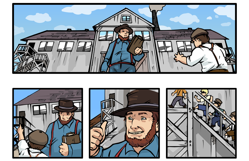 The boys continue on until they reach the sawmill. We're looking up from a kid's-eye-view at the sawmill with a large, stern looking man guarding the way. He smiles and they run up the building's stairs.