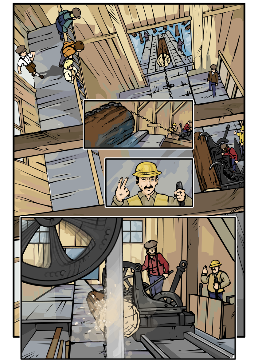 The boys look down on the sawmill from a catwalk.