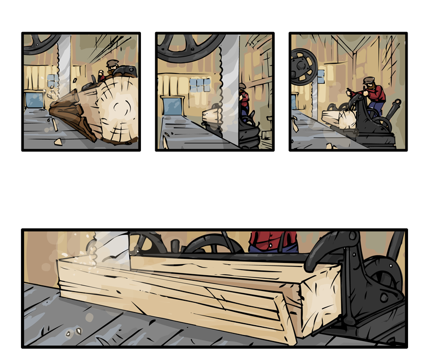 In a series of steps, we see the carriage move the log through the spinning bandsaw. A section of bark drops off and the carriage zooms straight back. Giant arms flip the log and the carriage moves through the saw again. Finally, the log has become a giant post that is now cut into 2" boards.