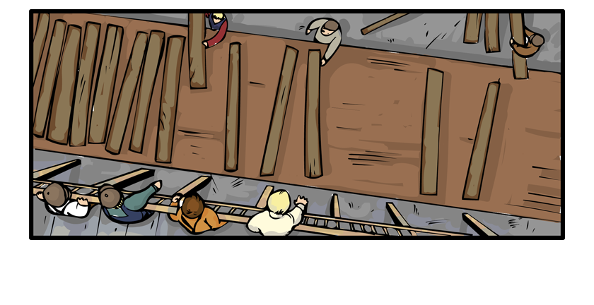 The boys look down on a conveyor belt of boards being sorted for trimming.