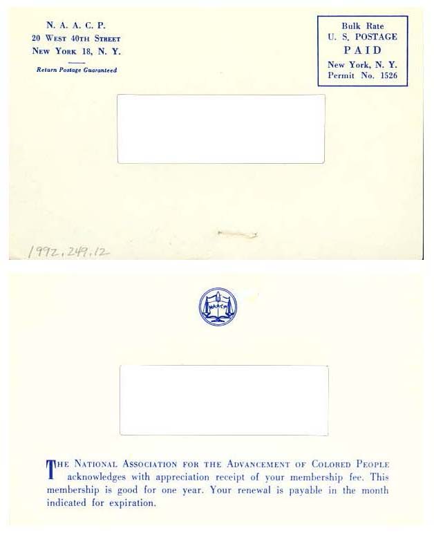 NAACP Membership Card, 1958, page 1.