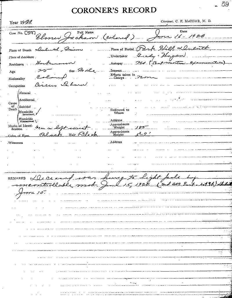 Elmer Jackson. Coroner's Records, Duluth District. No. 59.