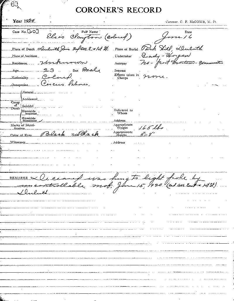 Elias Clayton. Coroner's Records, Duluth District. No. 60.