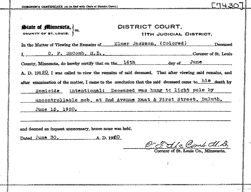  Elmer Jackson. No. 7430. June 30, 1920. --Gov&#039;t Record(s)--Coroner&#039;s Certificate (gif)