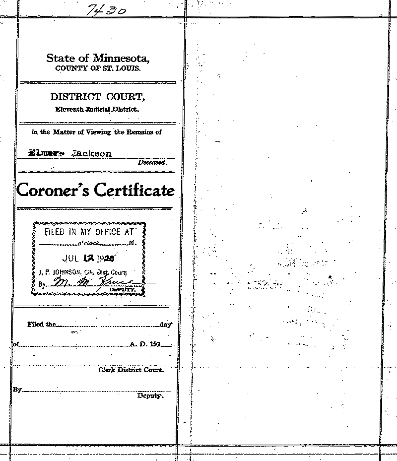  Elmer Jackson. No. 7430. June 30, 1920. --Gov&#039;t Record(s)--Coroner&#039;s Certificate (gif)
