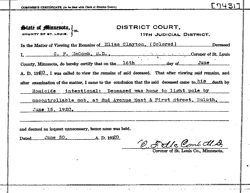  Elias Clayton. No. 7431. June 30, 1920.--Gov&#039;t Record(s)--Coroner&#039;s Certificate (gif)