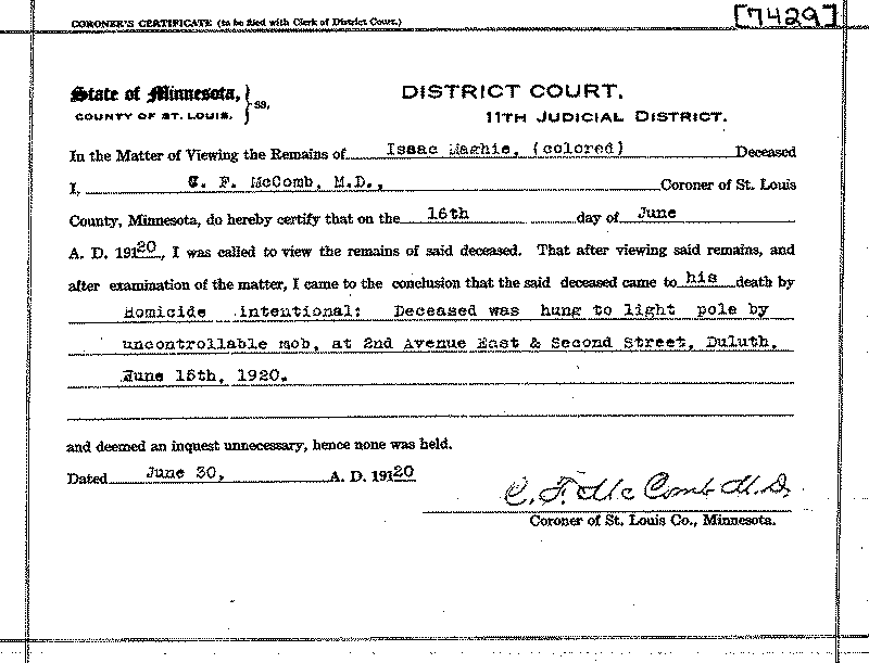 Isaac McGhie. No. 7429. June 30, 1920. --Gov&#039;t Record(s)--Coroner&#039;s Certificate (gif)