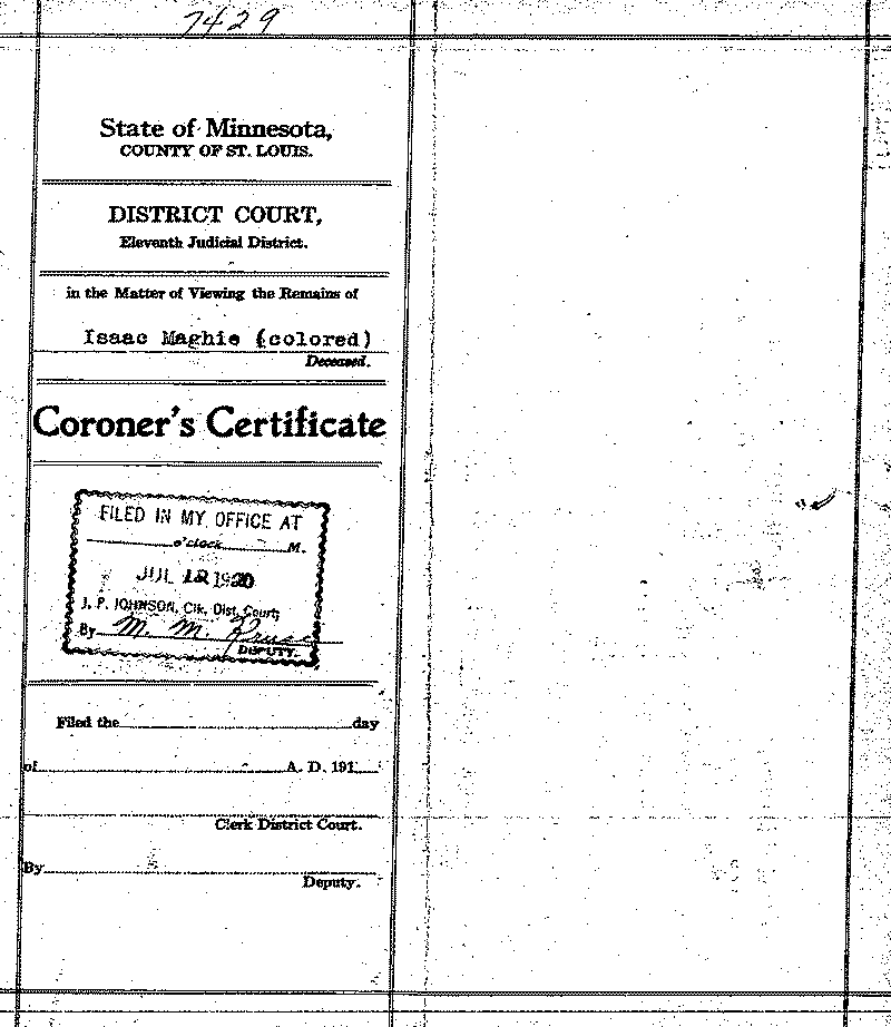 Isaac McGhie. No. 7429. June 30, 1920. --Gov&#039;t Record(s)--Coroner&#039;s Certificate (gif)