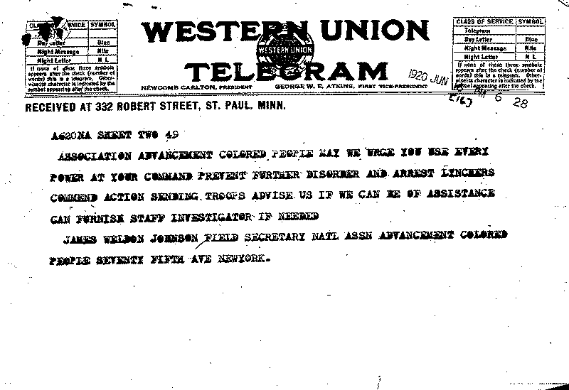 Telegram from the National Association for the Advancement of Colored People to J. A. A. Burnquist, June 16, 1920.--Correspondence (gif)
