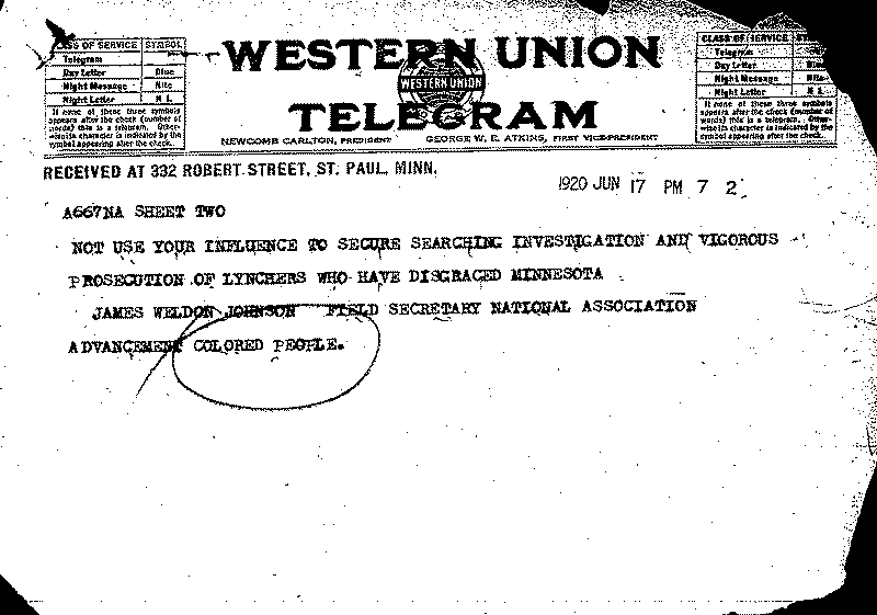 Telegram from the National Association for the Advancement of Colored People to J. A. A. Burnquist, June 17, 1920.--Correspondence (gif)