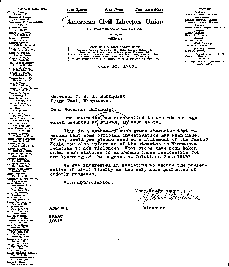 Letter from the Albert DeSilver to J. A. A. Burnquist, June 16, 1920.