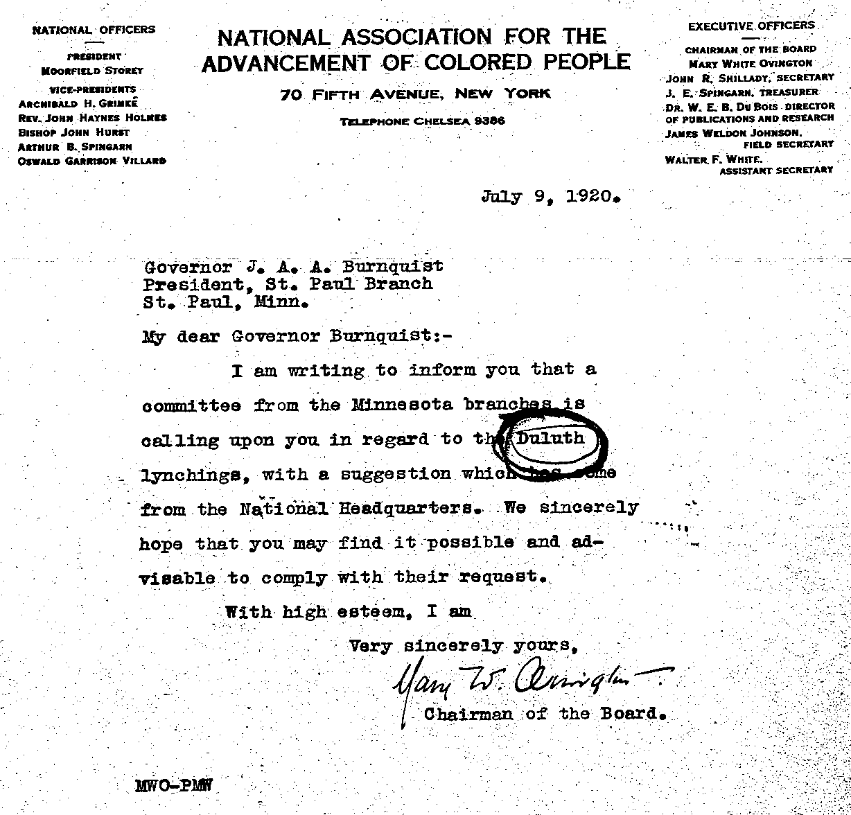 Letter from Mary White Ovington to J. A. A. Burnquist, July 9, 1920.