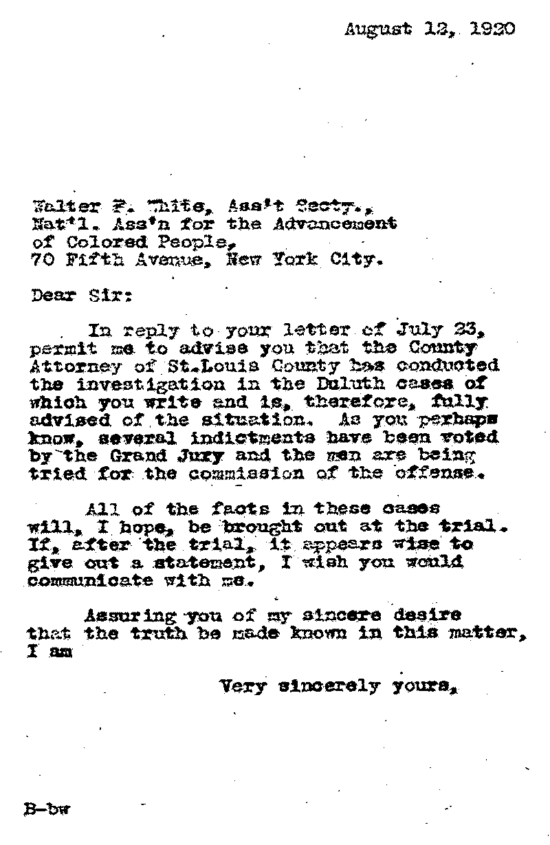 Letter from J. A. A. Burnquist to Walter F. White, August 12, 1920.