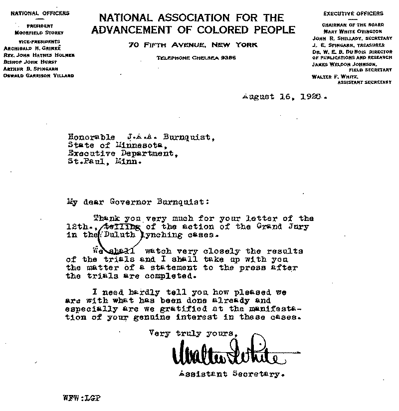 Letter from Walter F. White to J. A. A. Burnquist, August 16, 1920.