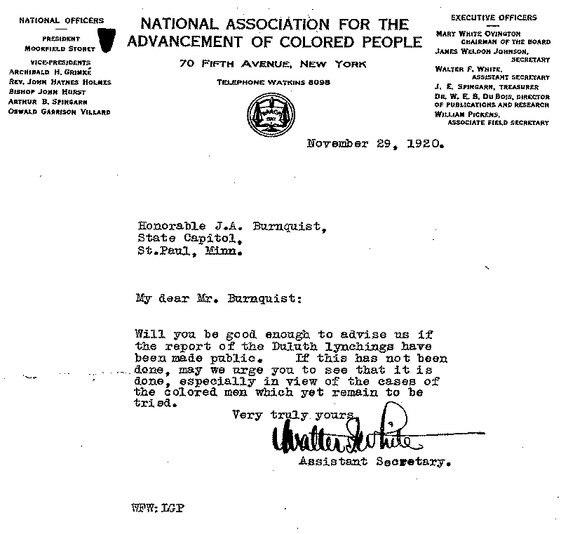 Letter from Walter F. White to J. A. A. Burnquist, November 29, 1920.
