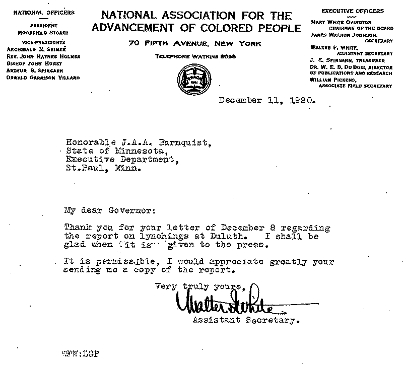 Letter from Walter F. White to J. A. A. Burnquist, December 11, 1920.
