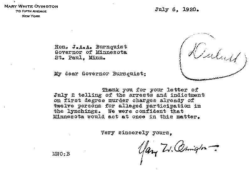Letter from Mary White Ovington to J. A. A. Burnquist, July 6, 1920.
