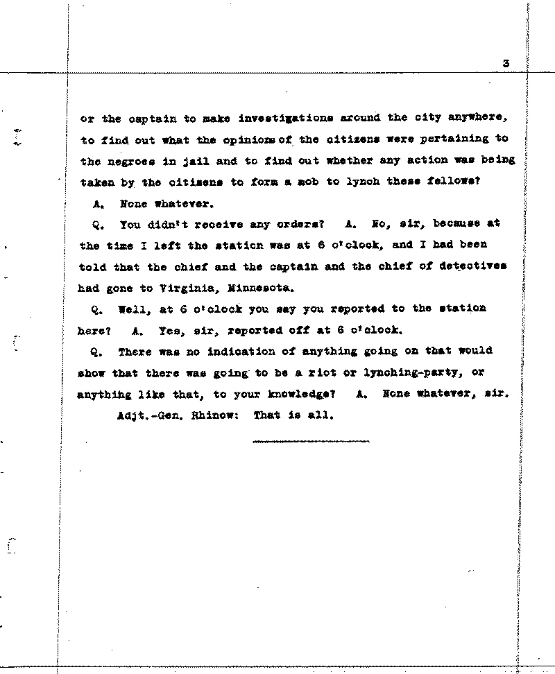 Investigation of the Lynching and Rioting on Tuesday night, June 15, 1920, at Duluth, Minnesota. Conducted by Adjutant General W. F. Rhinow.--Report(s) (gif)