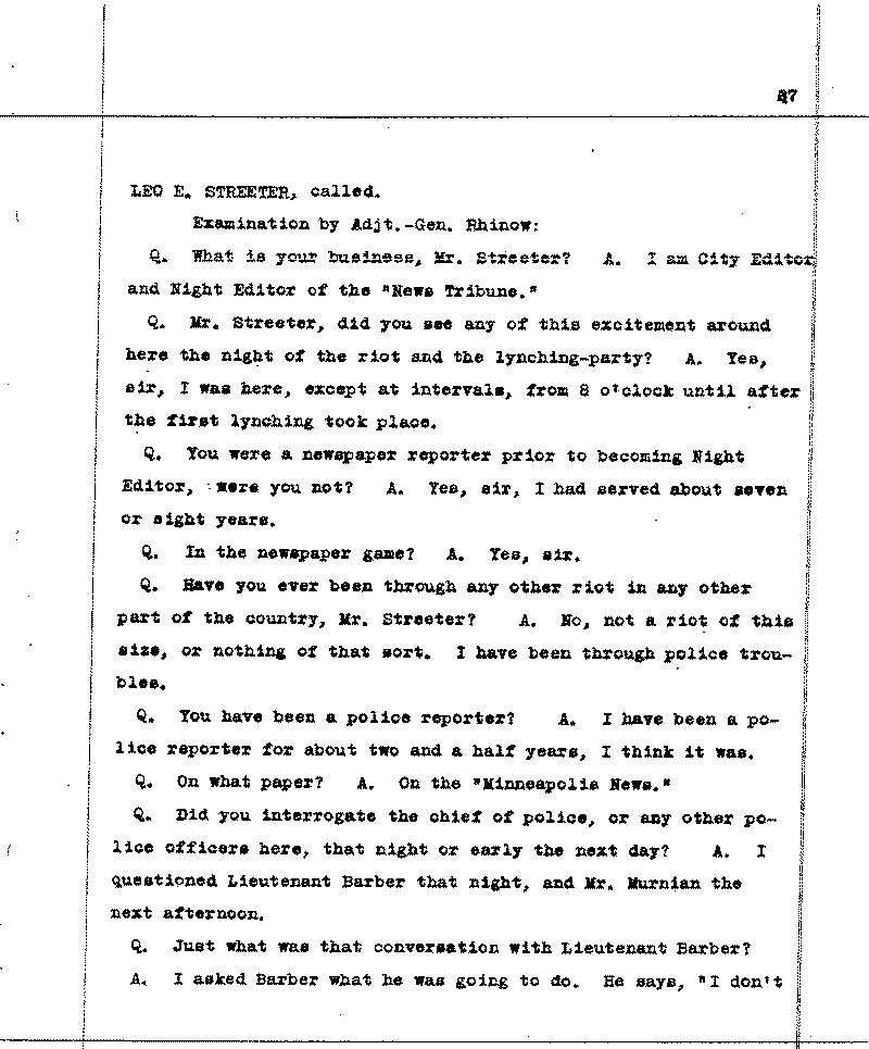 Investigation of the Lynching and Rioting on Tuesday night, June 15, 1920, at Duluth, Minnesota. Conducted by Adjutant General W. F. Rhinow.--Report(s) (gif)