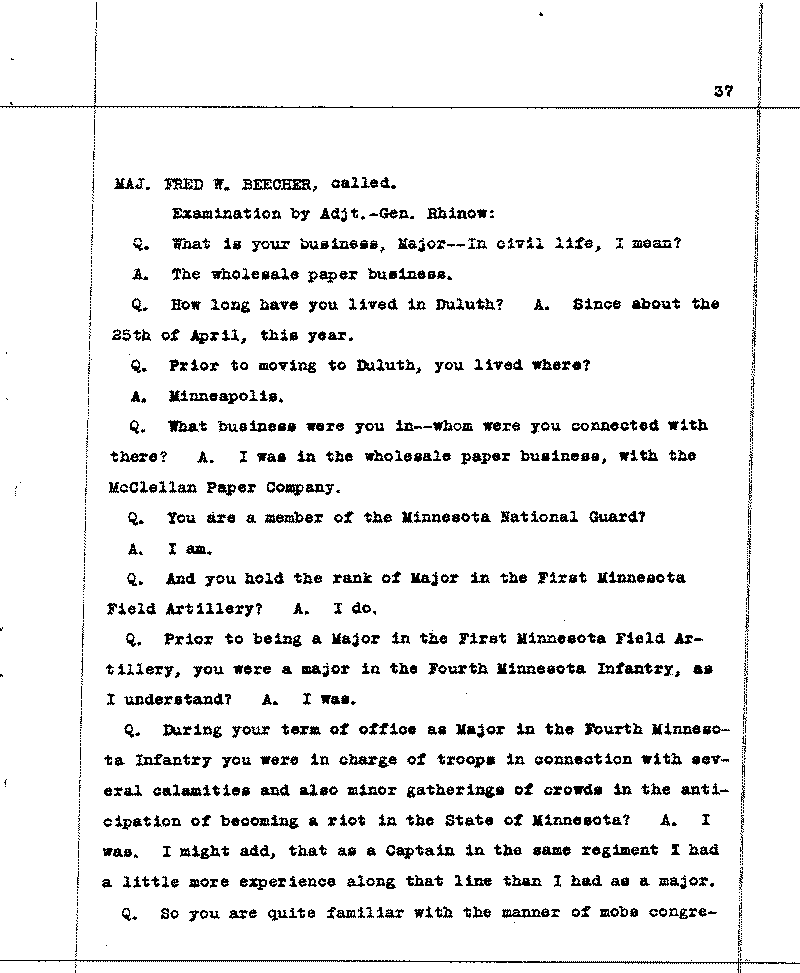 Investigation of the Lynching and Rioting on Tuesday night, June 15, 1920, at Duluth, Minnesota. Conducted by Adjutant General W. F. Rhinow.--Report(s) (gif)