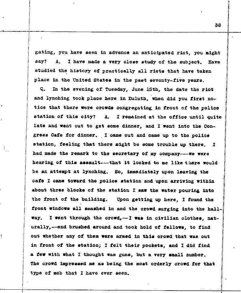 Investigation of the Lynching and Rioting on Tuesday night, June 15, 1920, at Duluth, Minnesota. Conducted by Adjutant General W. F. Rhinow.--Report(s) (gif)