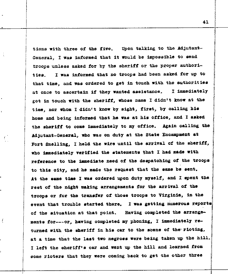Investigation of the Lynching and Rioting on Tuesday night, June 15, 1920, at Duluth, Minnesota. Conducted by Adjutant General W. F. Rhinow.--Report(s) (gif)