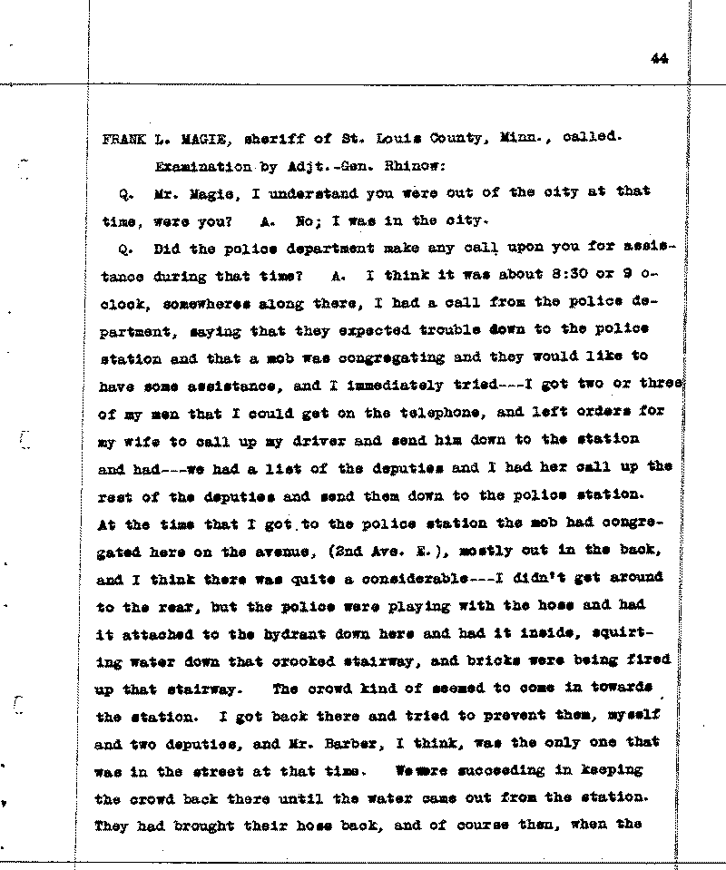 Investigation of the Lynching and Rioting on Tuesday night, June 15, 1920, at Duluth, Minnesota. Conducted by Adjutant General W. F. Rhinow.--Report(s) (gif)