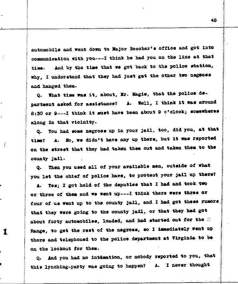 Investigation of the Lynching and Rioting on Tuesday night, June 15, 1920, at Duluth, Minnesota. Conducted by Adjutant General W. F. Rhinow.--Report(s) (gif)