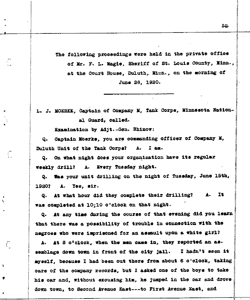 Investigation of the Lynching and Rioting on Tuesday night, June 15, 1920, at Duluth, Minnesota. Conducted by Adjutant General W. F. Rhinow.--Report(s) (gif)