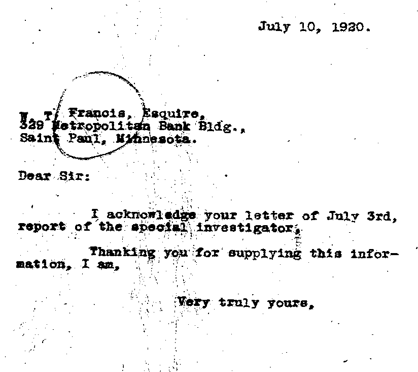 Letter from J. A. A. Burnquist to William T. Francis, July 10, 1920.