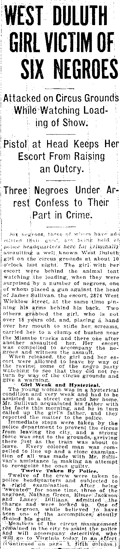 West Duluth Girl Victim of Six Negroes [Transcript].--Newspaper(s) (gif)