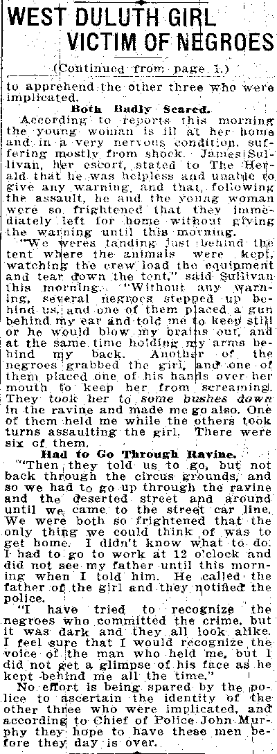 West Duluth Girl Victim of Six Negroes [Transcript].--Newspaper(s) (gif)