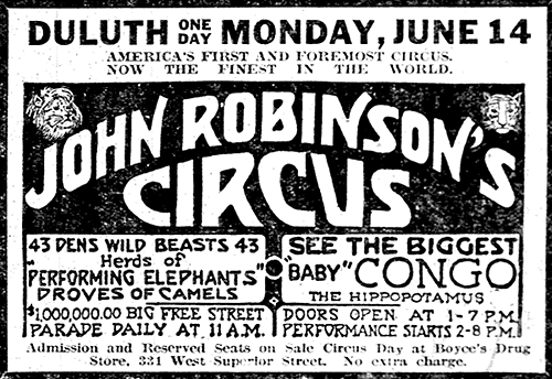 Advertisement for the John Robinson Circus.