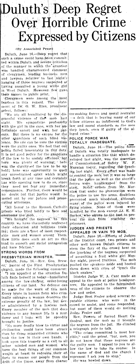 Duluth's Deep Regret Over Horrible Crime Expressed by Citizens.