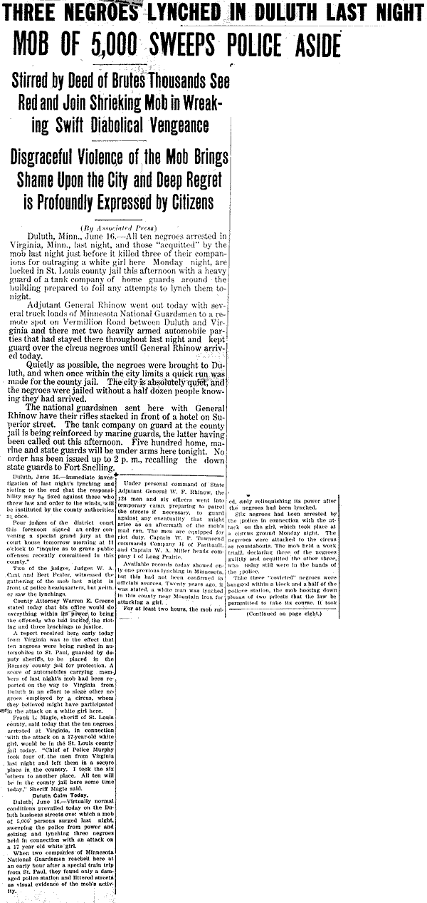 Three Negroes Lynched in Duluth Last Night.
