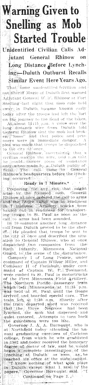 Warning Given to Snelling as Mob Started Trouble.--Newspaper(s) (gif)