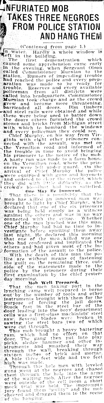 Infuriated Mob Takes Three Negroes from Police Station Hanging Them to Light Pole.--Newspaper(s) (gif)