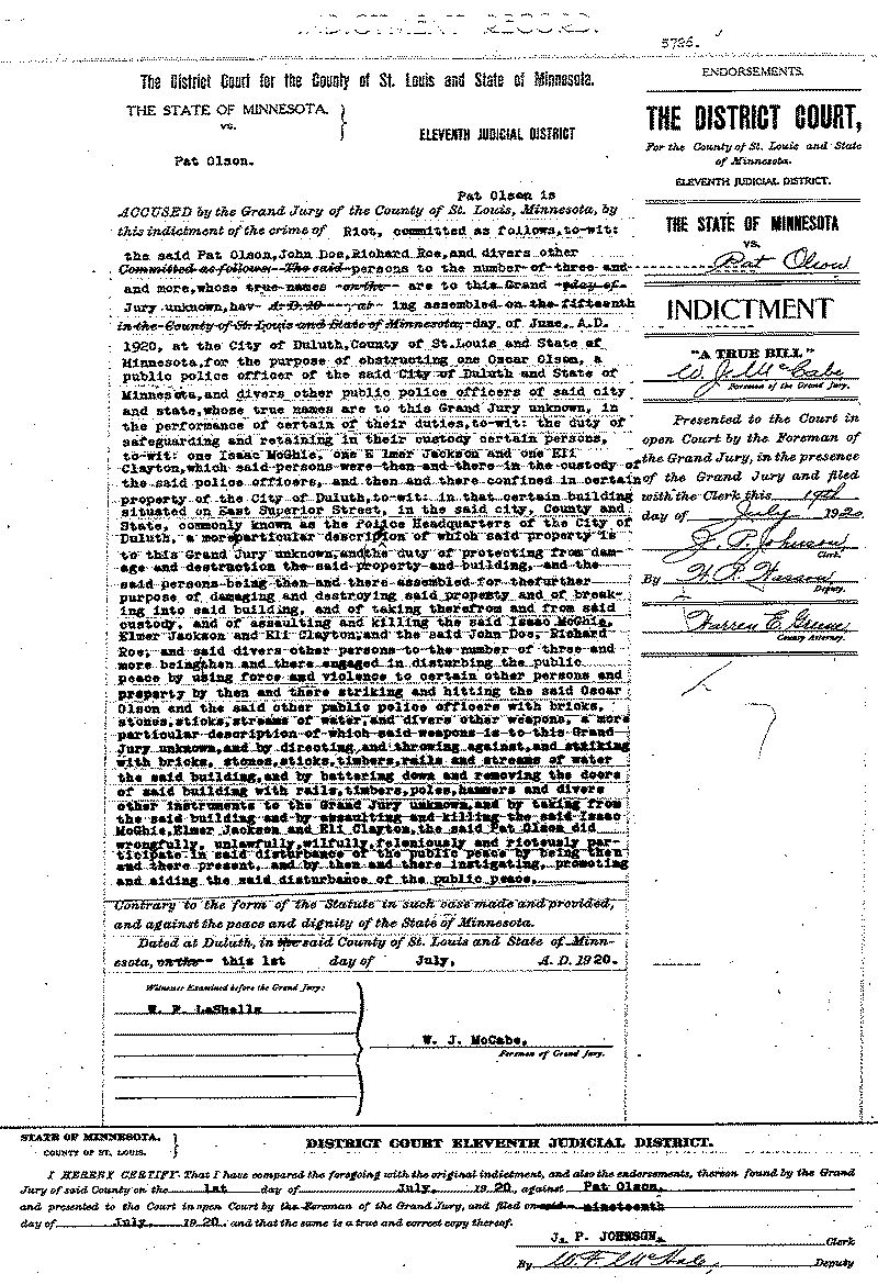 Pat Olson. Case File No. 5726.  June-August 1920.