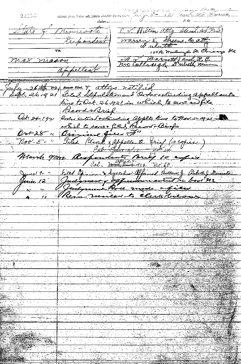 State of Minnesota vs. Max Mason. Case No. 22590. 1921-1922.