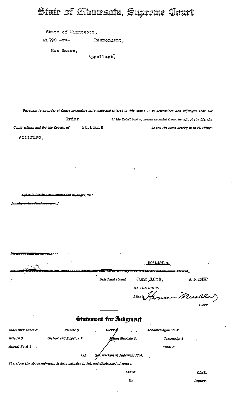 State of Minnesota vs. Max Mason. Case No. 22590.  1921-1922.