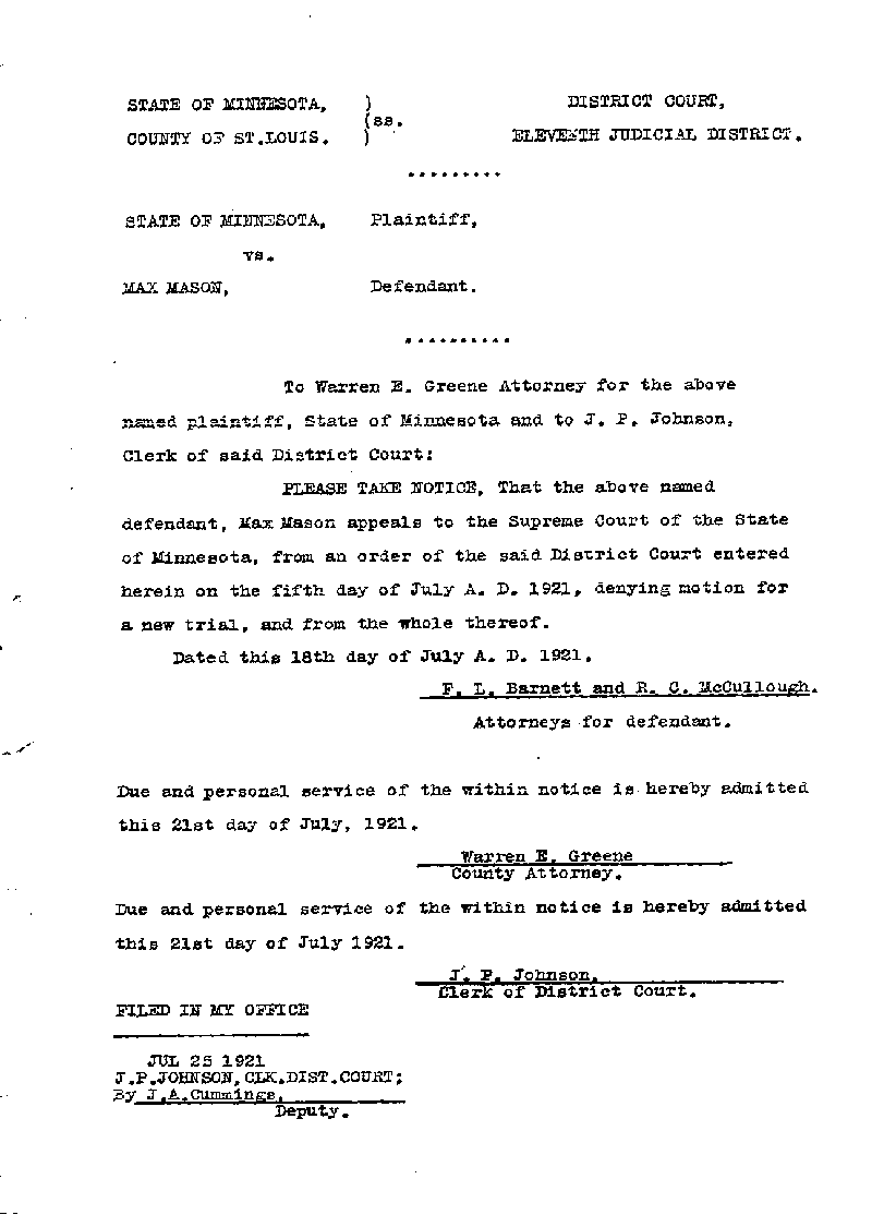 State of Minnesota vs. Max Mason. Case No. 22590. 1921.-1922. Notice of Appeal. July 18, 1921.--Gov&#039;t Record(s)--Notice of Appeal (gif)