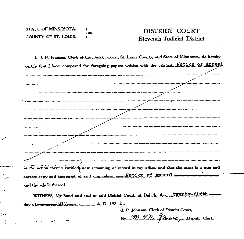 State of Minnesota vs. Max Mason. Case No. 22590. 1921.-1922. Notice of Appeal. July 18, 1921.--Gov&#039;t Record(s)--Notice of Appeal (gif)