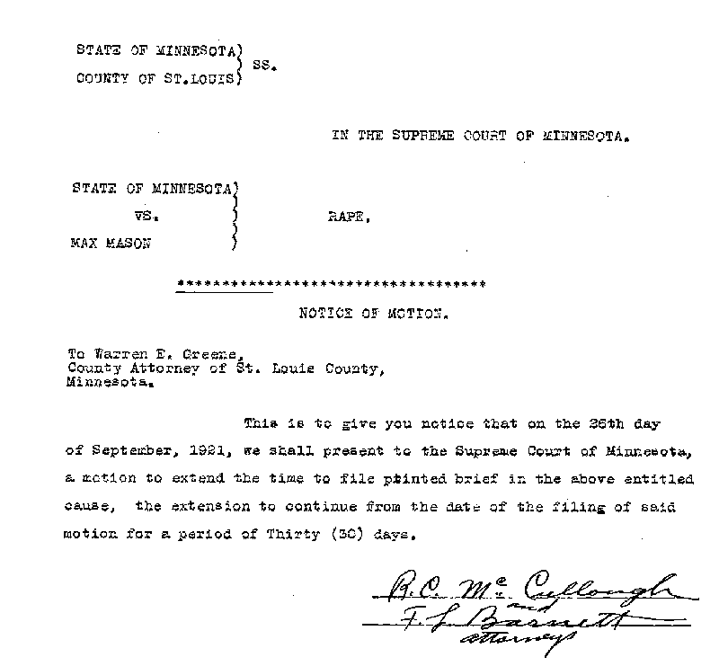 State of Minnesota vs. Max Mason. Case No. 22590. 1921-1922.  Notice of Motion.