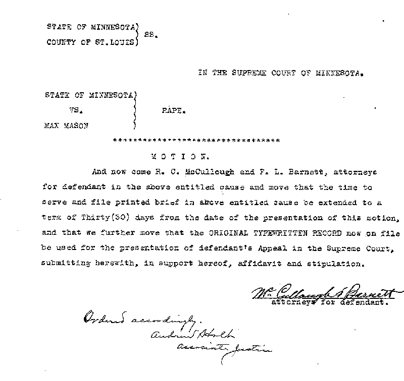 State of Minnesota vs. Max Mason. Case No. 22590. 1921-1922.  Motion.