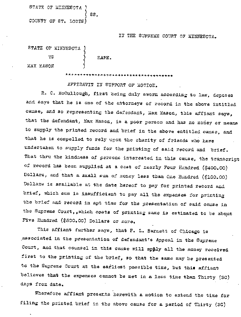 State of Minnesota vs. Max Mason. Case No. 22590. 1921-1922. Affidavit in Support of Motion.--Gov&#039;t Record(s)--Affidavit in Support of Motion (gif)