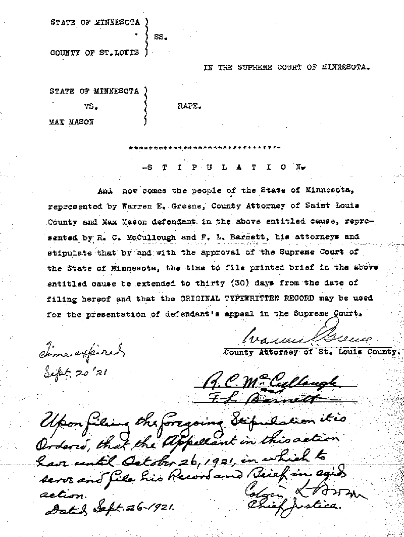 State of Minnesota vs. Max Mason. Case No. 22590. 1921-1922.  Stipulation.