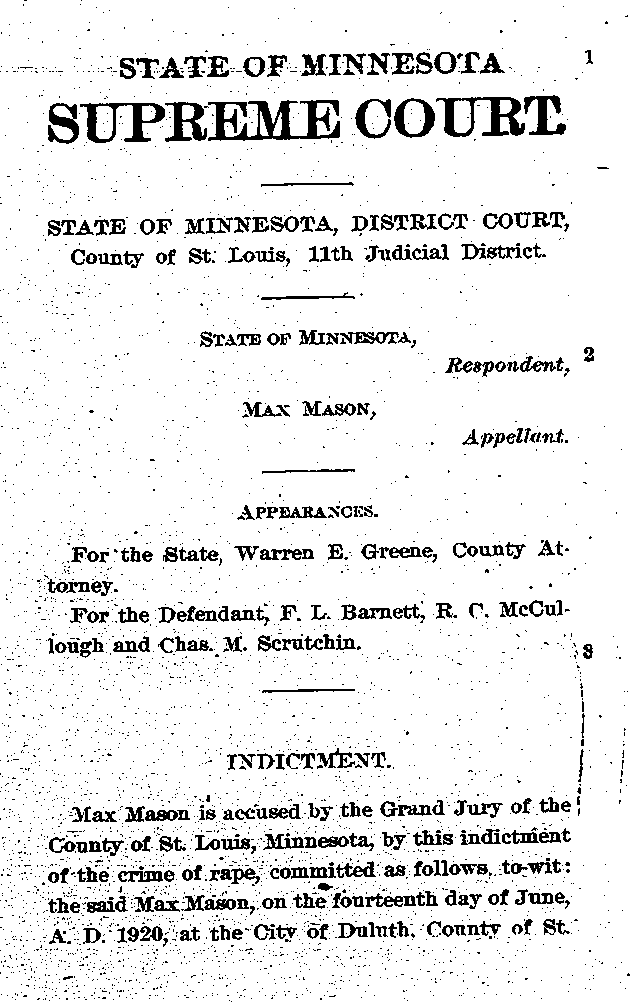 State of Minnesota vs. Max Mason. Case No. 22590. 1921-1922. Supreme Court Record.--Gov&#039;t Record(s)--Supreme Court Record (gif)