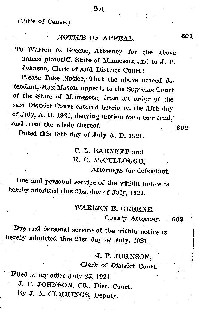 State of Minnesota vs. Max Mason. Case No. 22590. 1921-1922. Supreme Court Record.--Gov&#039;t Record(s)--Supreme Court Record (gif)