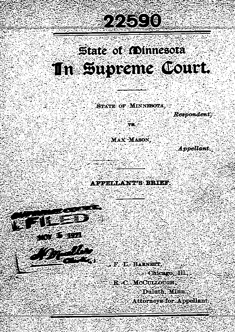 State of Minnesota vs. Max Mason. Case No. 22590. 1921-1922. Appellant's Brief.--Gov't Record(s)--Appellant's Brief (gif)