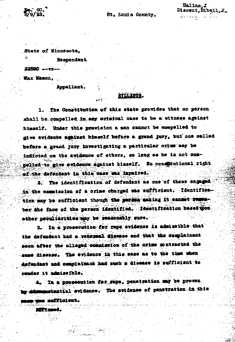 State of Minnesota vs. Max Mason. Case No. 22590. 1921-1922. Opinion and Syllabus.--Gov&#039;t Record(s)--Opinion and Syllabus (gif)
